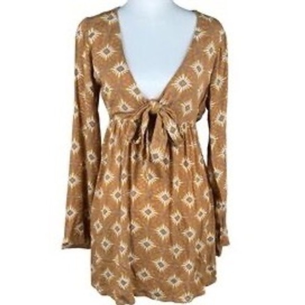 Volcom Womens Geometric Sunburst Print Tie Front V-Neck Mini Dress Medium